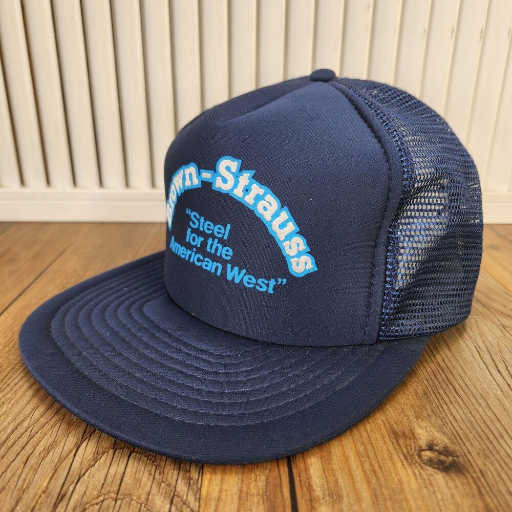 VTG Speedway Brown-Strauss Trucker Hat Navy Blue Snapback Mesh Back Foamie Cap